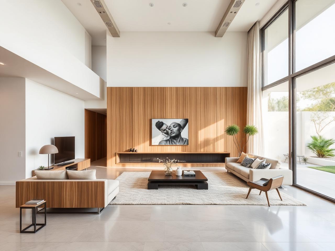 Sala de estar reformada com madeira e luz natural