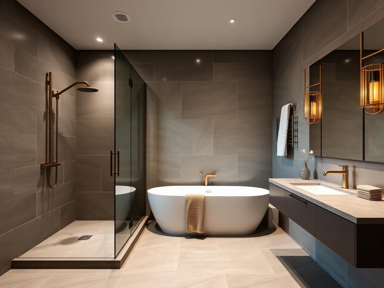 Banheiro contemporâneo com banheira e detalhes em latão