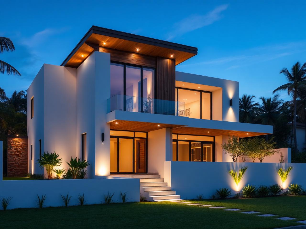 Fachada de casa contemporânea com iluminação noturna